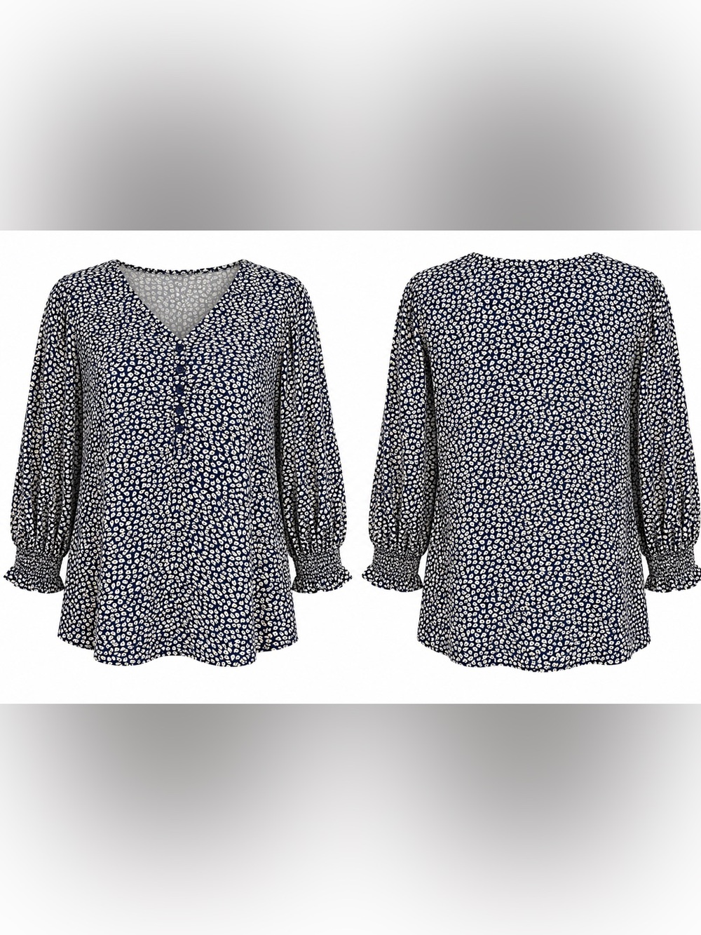 Amazon Essentials Navy & Cream Printed Blouse Ruffle Cuffs — o